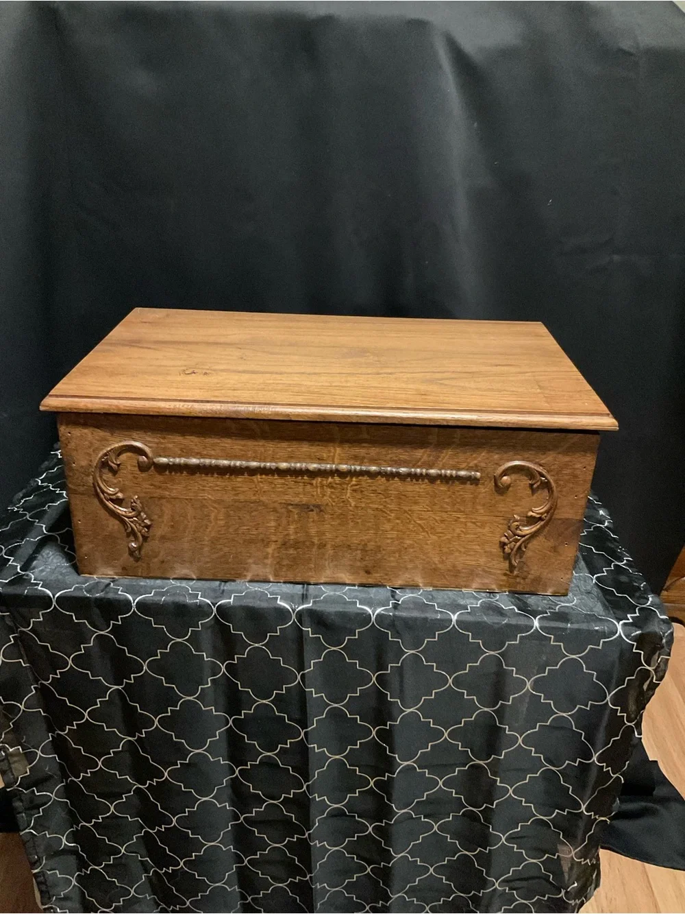 Antique-Style Carved Wood Storage Chest in Warm Brown
